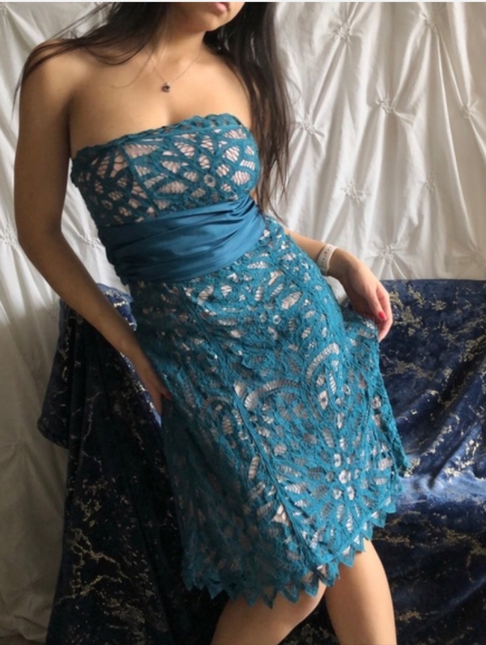 Betsey Johnson Tea Party Crochet Lace Strapless Teal Prom Dress Size 4